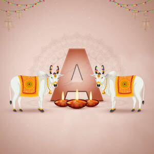 Illustration of cows and a Govardhan hill with diyas