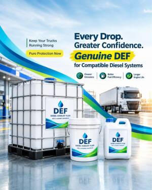 A collection of Diesel Exhaust Fluid (DEF) containers including a large IBC tank, a bucket, and a jug, displayed in front of a truck at a gas station.
