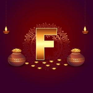 Golden letter F with traditional Diwali elements like oil lamps and clay pots