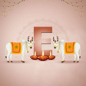 Diwali greeting with cows, lamps, and the letter E
