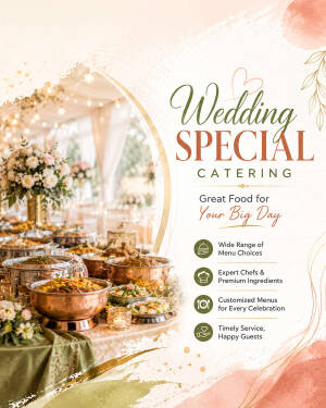 An elegant wedding catering flyer featuring a buffet spread and promotional text for wedding food services.