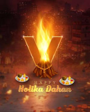 Holika Dahan bonfire with a large 'V' shape