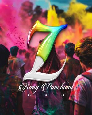 Letter Z with colorful Holi powder and people celebrating in the background