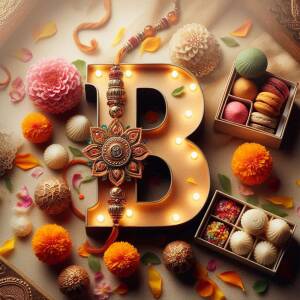 Rakhi with the letter 'B' surrounded by sweets and flowers