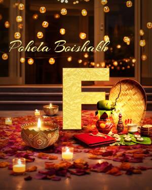 Golden letter 'F' with traditional Bengali New Year decorations