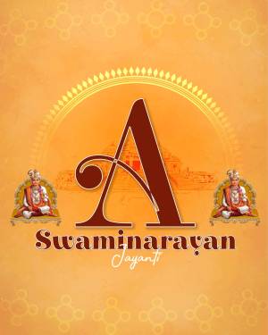 Swaminarayan Jayanti celebration image with a large letter 'A' and depictions of Swaminarayan