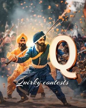 A digitally created image featuring a Sikh warrior with a large letter 'Q' in the foreground.