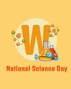 Illustration for National Science Day featuring beakers, molecules, and the letter 'W'.