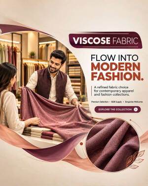 A man and woman inspecting premium viscose fabric in a clothing store with marketing text overlay