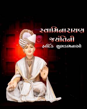 Image of Swaminarayan statue with festive greetings in Gujarati