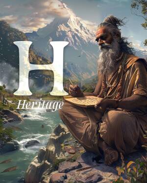 Digital art of a wise sage writing in a book with a mountain backdrop and the letter 'H'