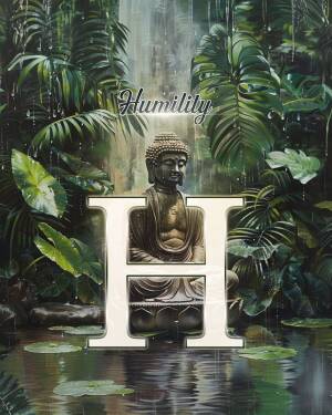 A painting of a Buddha statue meditating in a lush rainforest setting with the letter 'H' in the foreground.