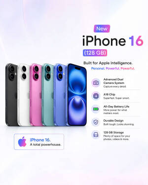 A collection of colorful iPhone 16 models in black, white, pink, teal, and blue, highlighting key features like the A18 chip and advanced dual camera system.