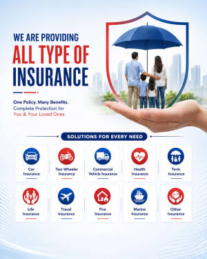 An insurance advertisement showcasing a family under an umbrella being protected by a giant hand, featuring various insurance service icons.
