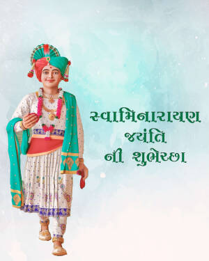 A person dressed in traditional Swaminarayan attire with text 'Swaminarayan Jayanti ni Shubhechha'