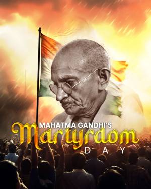 Portrait of Mahatma Gandhi with the Indian flag and a crowd in the background