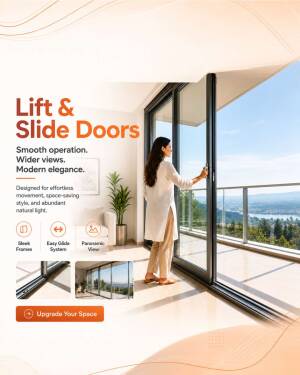 A woman opening a large modern lift and slide door system overlooking a beautiful landscape.