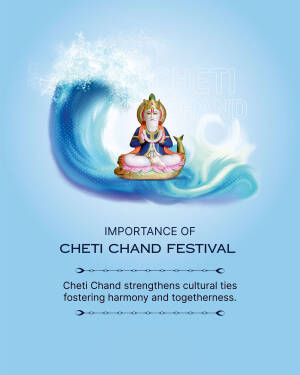 Poster depicting Cheti Chand festival with a deity and wave imagery