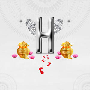 Letter H with Hindu religious symbols including hands, pots, lotus flowers, and footprints.