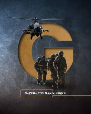 Poster featuring a helicopter and commandos with the text 'Garuda Commando Force'