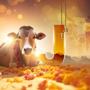 Image of a cow lying down with a milk stream and floral decorations, representing auspiciousness and prosperity.