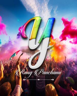 Colorful Rang Panchami festival with a large 'y' letter and crowd