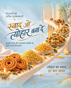 Various Indian traditional namkeen snacks arranged on a curved display with a diya for Diwali.