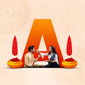 A couple celebrating Raksha Bandhan with a large letter 'A' in the background.