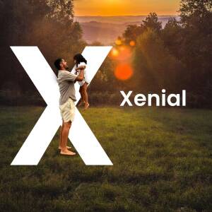 A father lifting his child in the air with the Xenial logo overlayed.