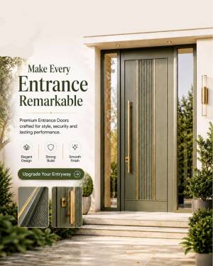 A stylish olive green modern front door with gold hardware on a brightly lit house exterior