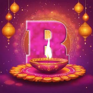 Letter 'R' illuminated with a Diya lamp and festive decorations for Diwali