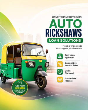 A graphic advertisement for auto rickshaw loan solutions featuring a green and yellow tuk-tuk and business financing benefits.