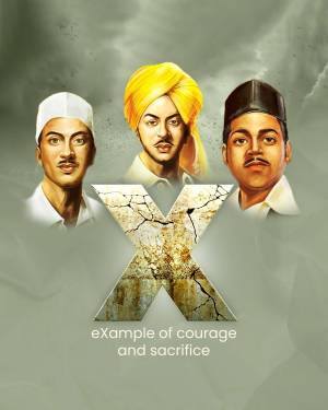 Portraits of Bhagat Singh, Sukhdev, and Rajguru with a prominent 'X' symbol