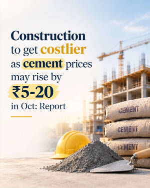 A pile of cement, a trowel, a hard hat, and cement bags with a news overlay about rising construction costs.