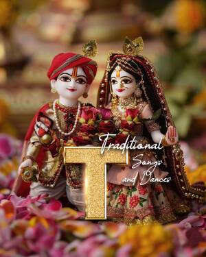 Close-up of Radha Krishna dolls adorned with traditional attire and jewelry, set against a vibrant floral backdrop.