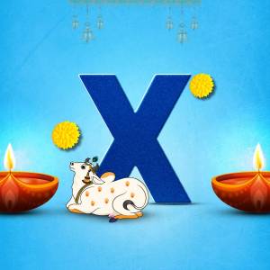 Letter X with a cow and Diwali lamps