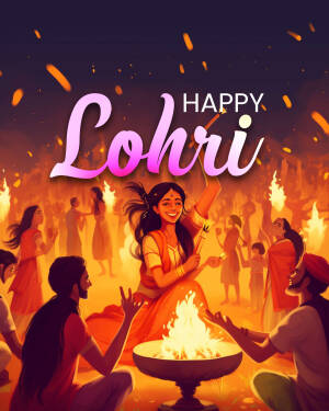 Illustration of people celebrating Lohri festival around a bonfire.