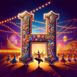 Ornate letter H decorated with flowers and a scene of Indian dancers performing at night.