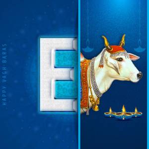 Image depicting a cow and the letter 'E' with a festive background for Vagh Baras