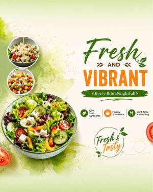 A colorful fresh salad bowl with vegetable bowls and text promoting fresh and vibrant healthy food