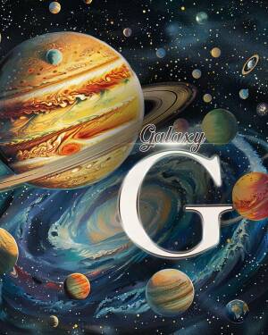 An artistic depiction of planets and a swirling galaxy with a large letter 'G' in the foreground.