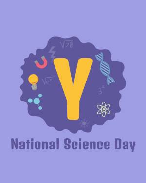 Illustration for National Science Day featuring science symbols and a large yellow 'Y'