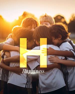 A group of young soccer players in a huddle with a large letter 'H' superimposed over them, symbolizing happiness.