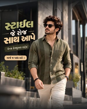 A stylish man walking in a green patterned casual shirt and beige trousers