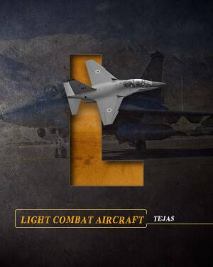 Image of a Tejas Light Combat Aircraft with the letter 'T' integrated into the design.