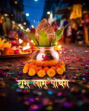 A decorated coconut with marigolds and other offerings for the Lakshmi Panchami festival.