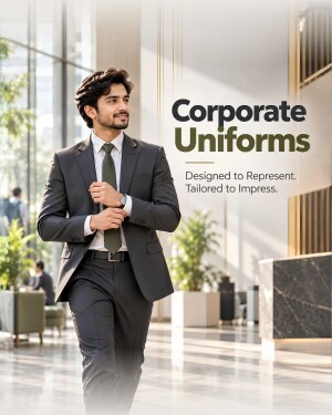 A professional man in a tailored suit walking in a modern office, representing high-quality corporate uniforms.
