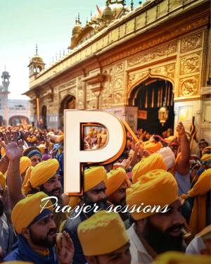 Golden Temple in Amritsar with a large crowd of devotees and a prominent 'P' letter overlay.