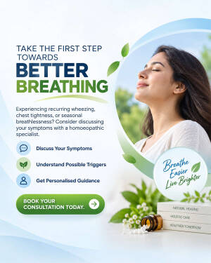 Woman breathing deeply outdoors promoting homoeopathic consultation for respiratory health