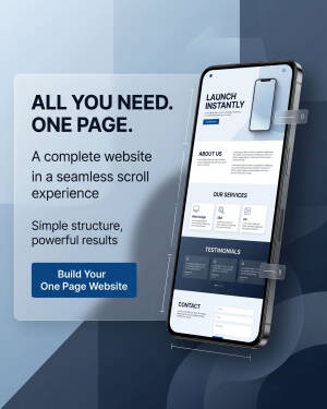 A smartphone displaying a professional one-page website design concept against a modern abstract blue background.